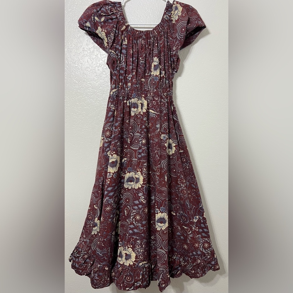Ulla Johnson Floral Cotton Peasant Midi Dress Burgundy Size 0 Boho Prairie - Picture 2 of 7